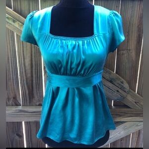 Express Teal Blue Silk Short Sleeve Square Neck Blouse Size XS